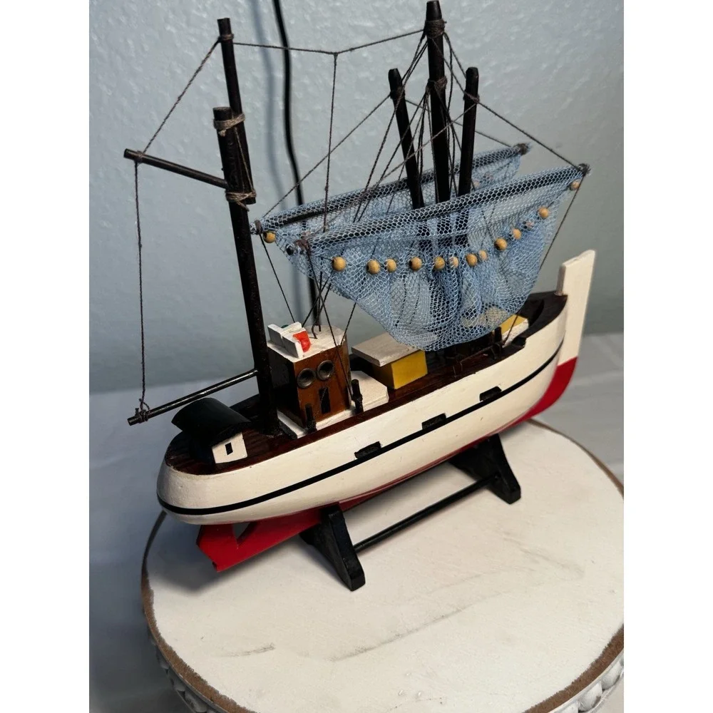 Shrimp Boat Model Fishing Trawler Complete Built Wooden Hull Painted with Stand